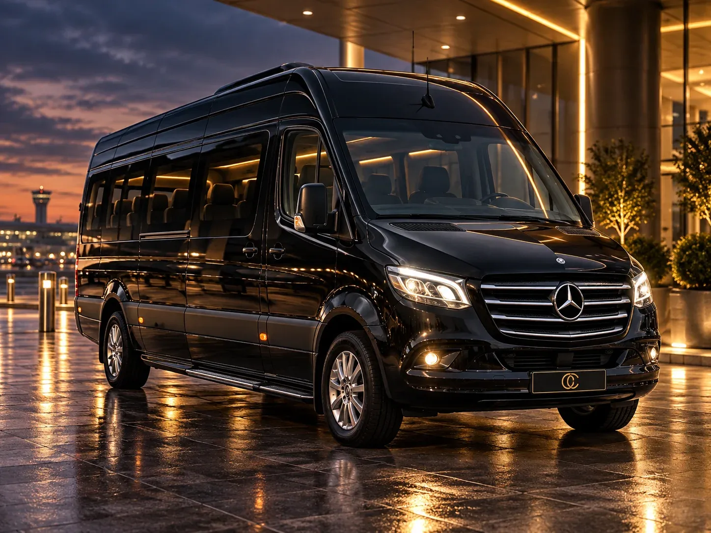 Black high-roof Mercedes-Benz Sprinter-style passenger minibus with side windows outside a terminal.