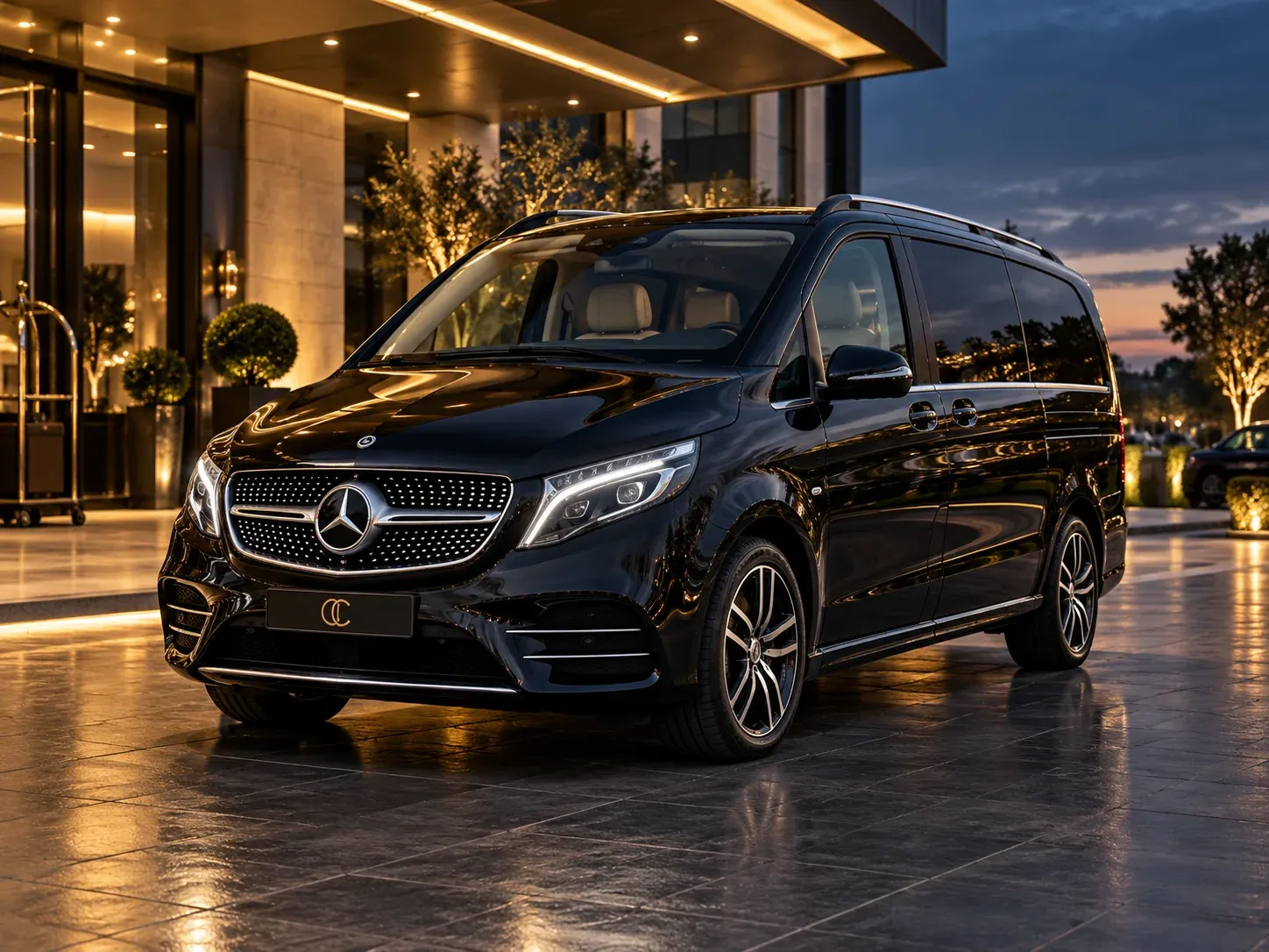 Black Mercedes-Benz V-Class-style passenger MPV with a diamond grille outside a hotel.